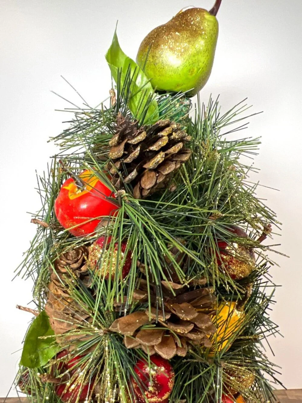 Holiday Centerpiece Pinecone Tree With Faux Fruit & Greenery Accents Glitter 17